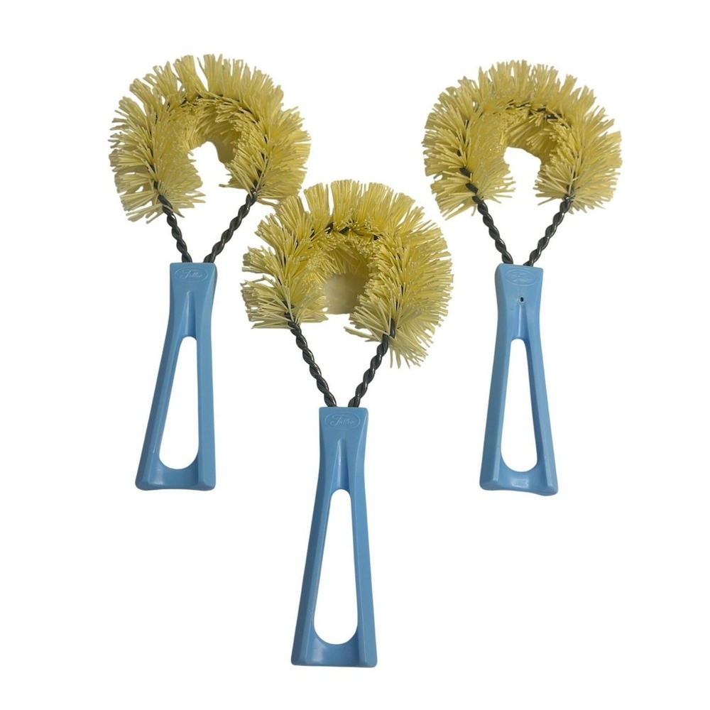 VTG Fuller Brush Bottle Brushes Set 3 Yellow Bristles Blue Handles USA Made 6.5"